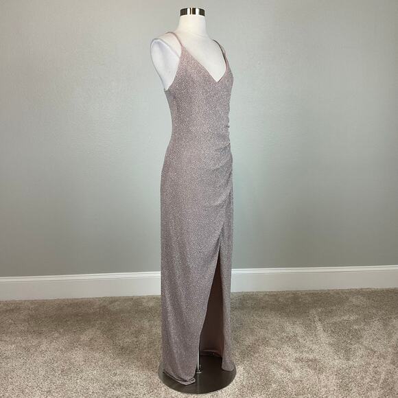 Betsy & Adam Metallic Knit Evening Gown Taupe Purple Size 6 Thigh Slit Formal - Picture 2 of 12